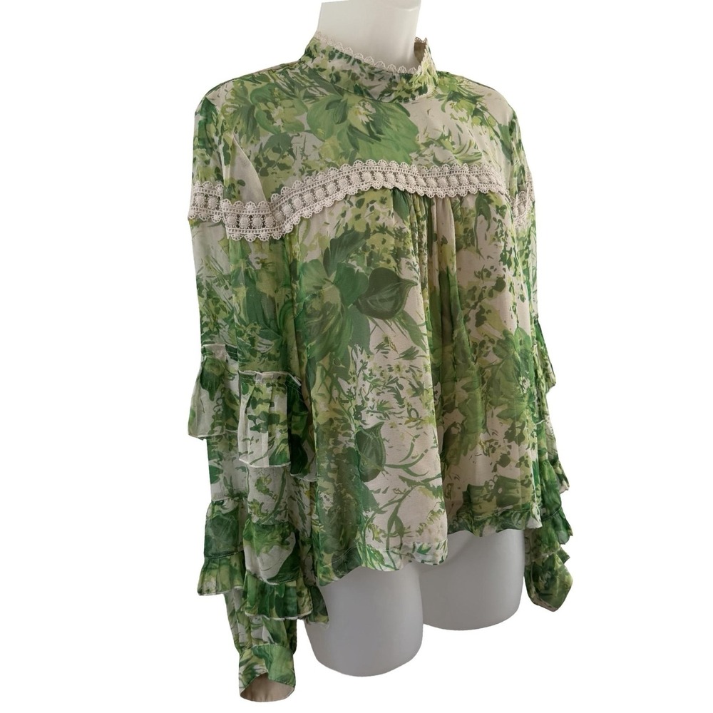 Hope For Flowers By Tracy Reese Angelina Peasant Blouse Womens 10 Green Silk - Picture 13 of 16